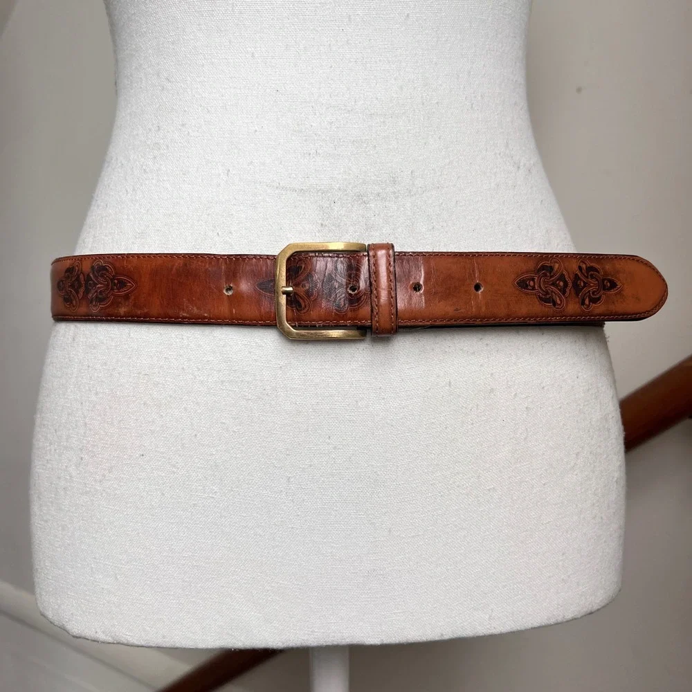 Vintage Ermenegildo Zegna Tooled Leather Belt Brown Womens Gold Buckle Cognac